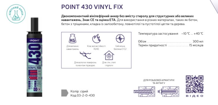 Анкер двокомпонентний поліефірний POINT 430 VINYL FIX, сірий 300 мл